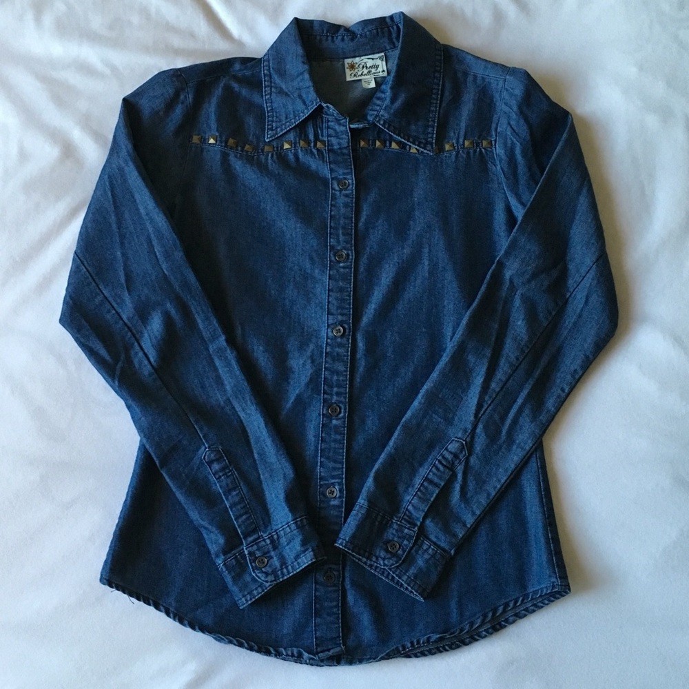 Dark Blue Chambray Button Down Shirt With Studs